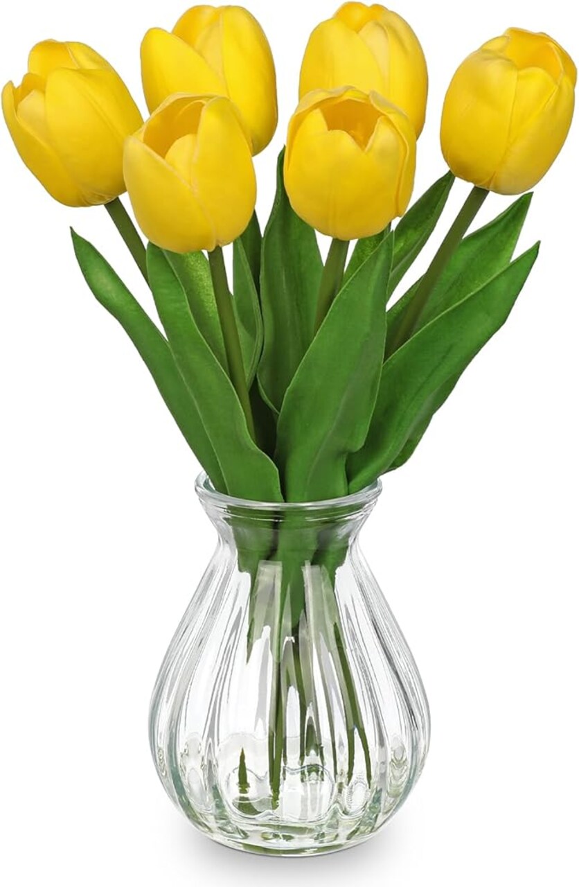 Artificial Tulips Flowers in Glass Vase - 6 Pcs Faux Flowers in Vase with Faux Water 12.5" Fake Tulips Bouquet Floral Arrangement Centerpiece for Dining Table Home Wedding Office Decor, Yellow